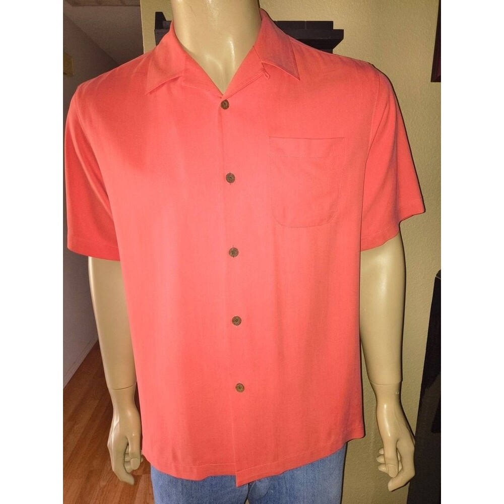Tommy Bahama Mens 100% Silk Shirt Large L Coral Red Tropic Isles Camp Aloha